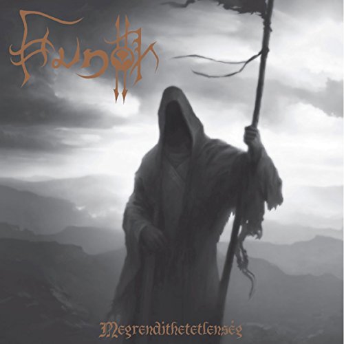 "Album cover featuring a hooded figure holding a staff against a mountainous landscape."