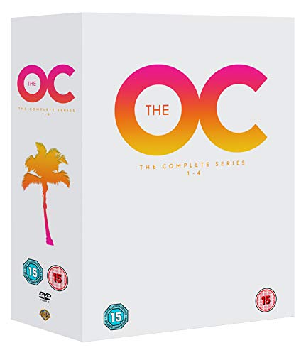 "The O.C. Complete Series" white DVD box set with gradient logo and palm tree illustration.