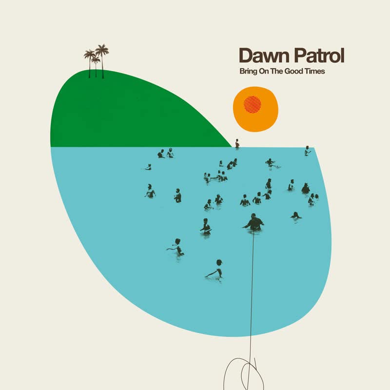CD cover: stylized beach scene with surfers and a rising sun.