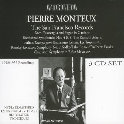 CD cover featuring conductor Pierre Monteux in a portrait, with tracklist.