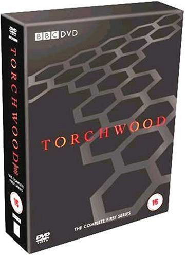 "Torchwood Series 1 DVD box set with black cover and red title."