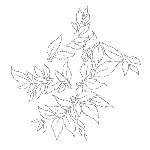 Black and white line drawing of floral and leafy design.