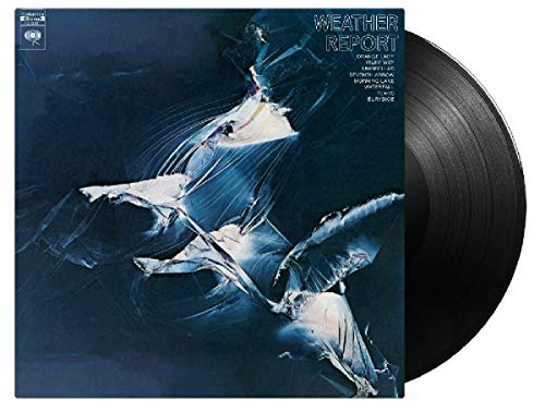 The image is a vinyl record cover for "Weather Report" with a dark blue background and abstract white shapes. Alt text: Dark blue vinyl album cover with abstract white shapes and "Weather Report" text.