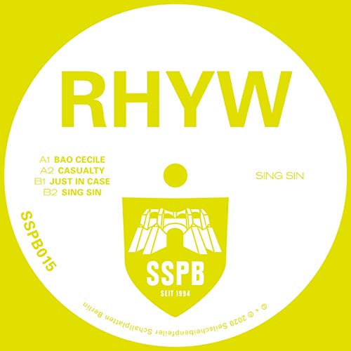 Yellow vinyl record label with bold text "RHYW" and a triangular crest.