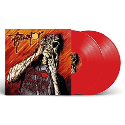 Horror album cover with a screaming figure and two red vinyl records.