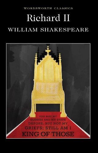 "Book cover of 'Richard II' by William Shakespeare, featuring a golden throne on red carpet."