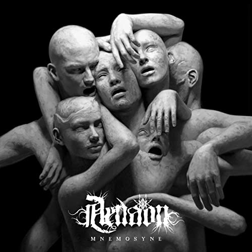 Black and white image of multiple distressed, pale human faces intertwined.