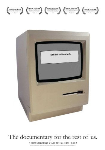 "Beige Apple Macintosh computer with a screen displaying 'Welcome to Macintosh' on a DVD cover."