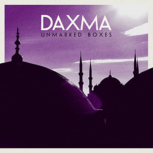 CD cover for Daxma’s “Unmarked Boxes” featuring a purple cityscape silhouette.