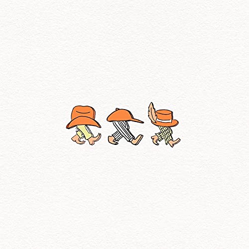 Three cartoon figures in orange and brown walk across a white background.