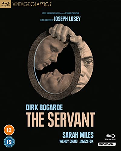 Blu-ray cover for “The Servant” featuring a face reflected in a hand-held mirror.