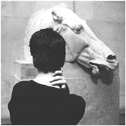 Black and white photo of a person facing a horse sculpture.
