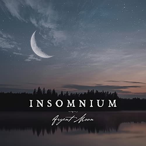 Album cover: crescent moon over dark forest and water, text “Insomnium”.