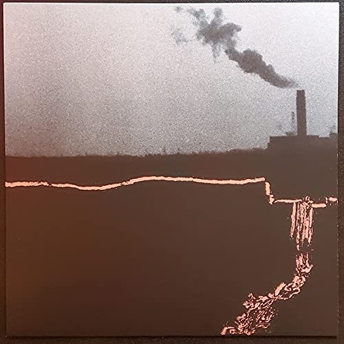 Dark album cover with a smokestack, silhouetted buildings, and abstract shapes.