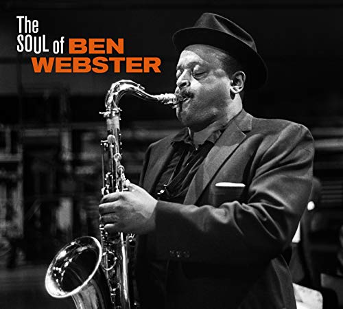 "Ben Webster playing saxophone, wearing a suit and hat, on a music album cover."
