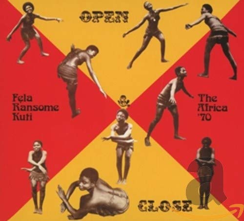 Fela Kuti album cover: figures in motion on a red and yellow background.