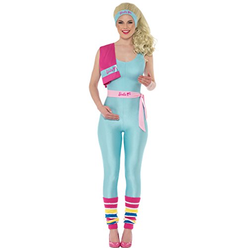 Woman wearing blue Barbie costume with pink accents and accessories, blonde hair, against white background.