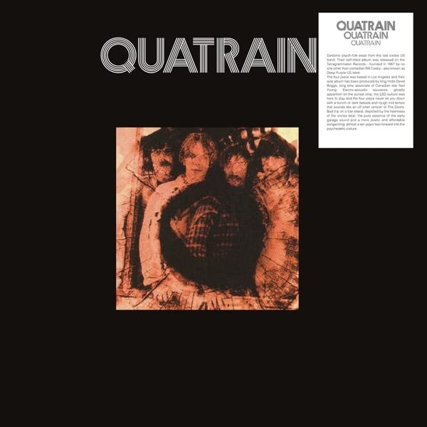 Black vinyl record cover with a grainy band photo and white text.