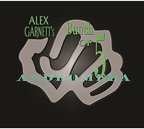"Album cover with abstract silver shape and green text on a black background."