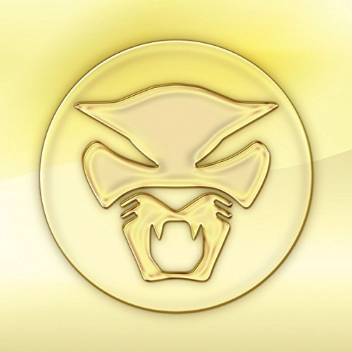 Golden, circular emblem of a stylized panther’s face on a yellow background.