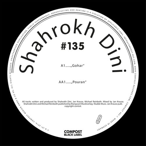 Black and white vinyl record label with "Shahrokh Dini #135" text.