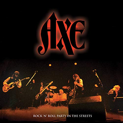 Axe band performing on stage, album cover with red-lit black background.