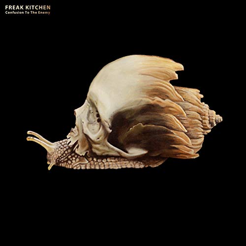 A snail with a human skull for a shell on a black background.