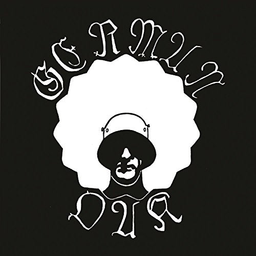 Black and white album cover with a person wearing a helmet and large afro.