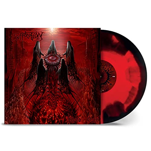Suffocation “Blood Oath” vinyl record with red and black swirl disc.