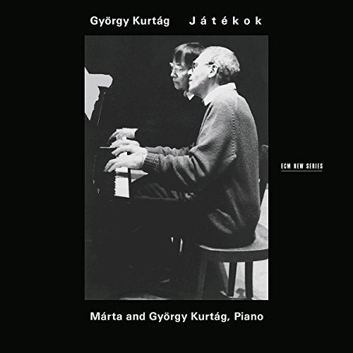 Black album cover with black-and-white photo of man and woman playing piano together.