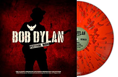 Bob Dylan “Festival Man” vinyl record with red and white splatter design.