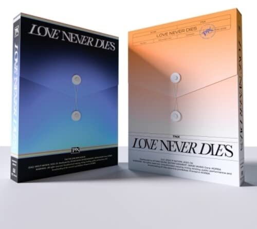 Two CD cases for “Love Never Dies” by Tnx, with contrasting color schemes.