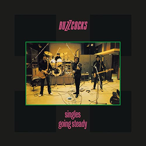 Buzzcocks album cover: band performing in a studio, pink and green border.