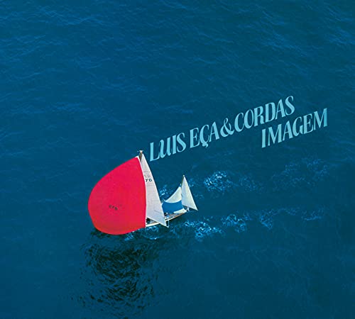 CD cover with aerial view of a red-sailed sailboat on blue water.