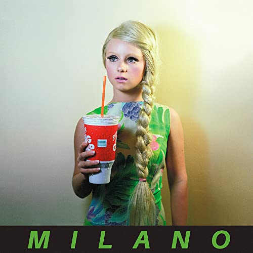Young girl with blonde braid holding a large red drink, album cover.