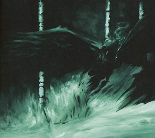 Dark, painted landscape with birch trees and a shadowy, winged figure.