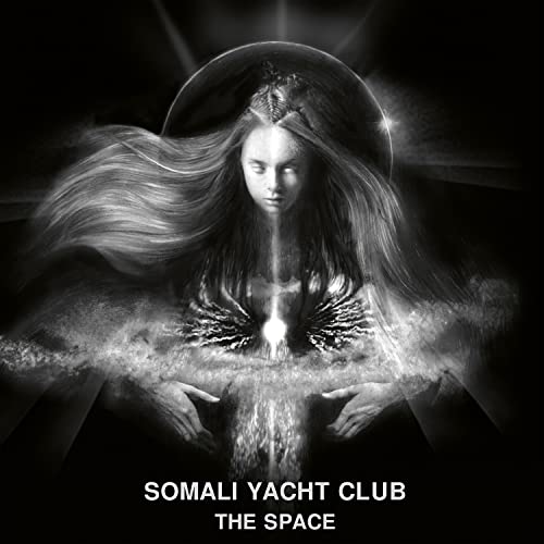 Black and white album cover featuring a woman with flowing hair and a halo.