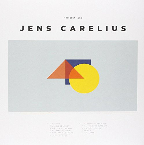 "Vinyl record cover with geometric shapes and artist name Jens Carelius on a grey background."