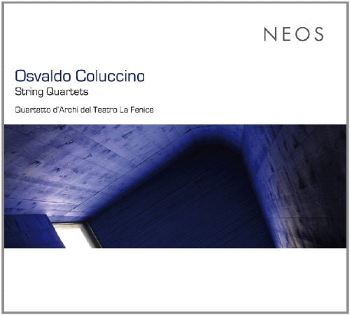 The image is a CD cover for a string quartet album. Alt text: A CD cover with a white background and a blue-toned architectural image.