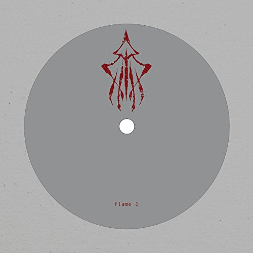 Gray vinyl record with a red, abstract shrine-like design centered on the label.