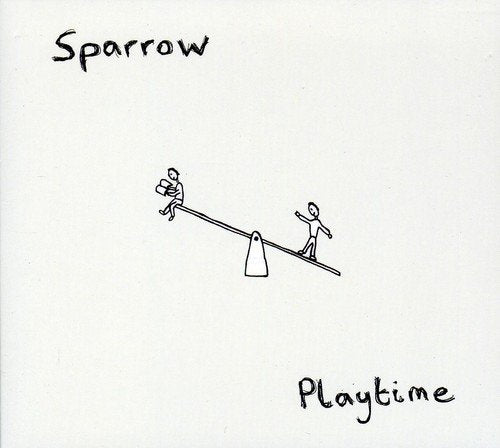 A simple drawing of two stick figures on a seesaw on a white album cover.