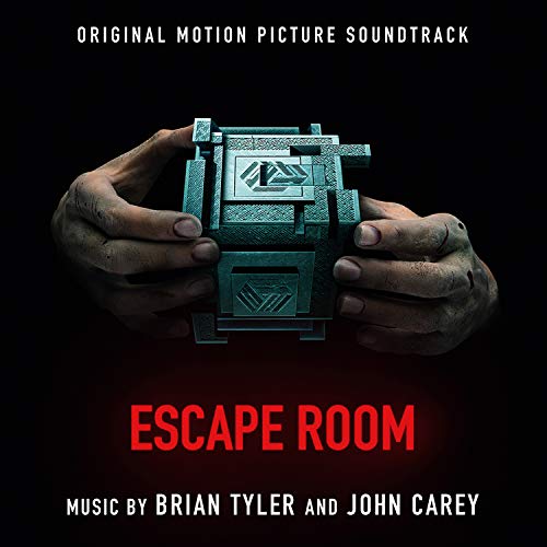 Red vinyl record partially visible behind a black "Escape Room" soundtrack album cover.