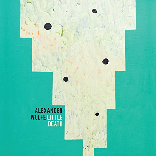 The image is an album cover. Alt text: "Album cover with teal background, white abstract shape, and black dots."