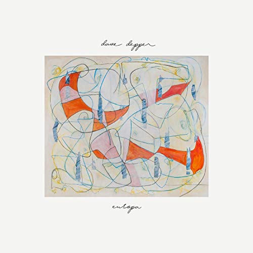 "Album cover with abstract orange, blue, and yellow shapes on a white background."
