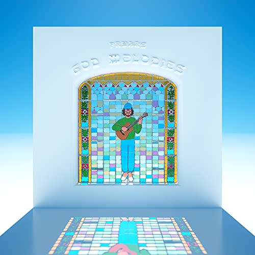 Illustration of a man playing guitar in front of a colorful stained glass window.