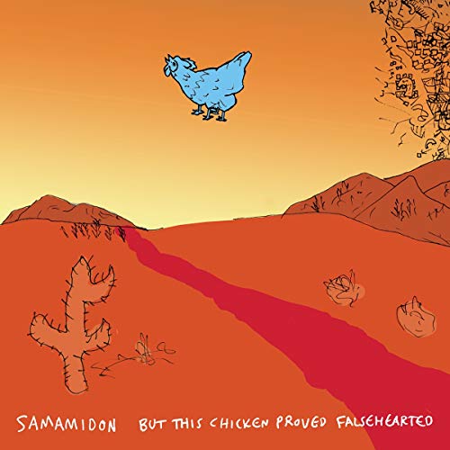 Album cover: illustrated blue chicken flying over a red desert landscape.