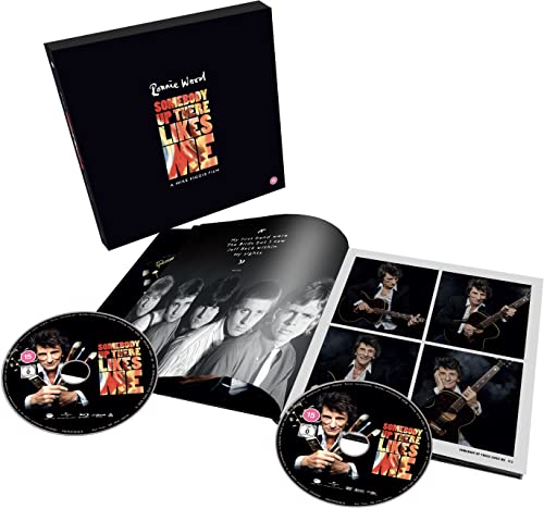 Black Blu-ray box set for “Ronnie Wood: Somebody Up There Likes Me” with discs and booklet.