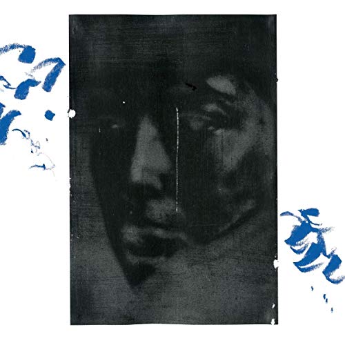 Dark, abstract portrait with blue brushstrokes on a white background.