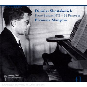 Black and white image of man playing piano with blue text overlay on CD cover.