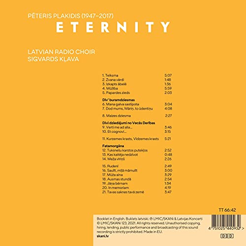 CD cover for "Eternity" by Latvian Radio Choir, orange background, tracklist.
